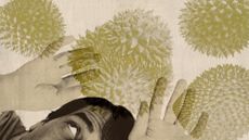 Photo collage of a man shielding his head from falling durians