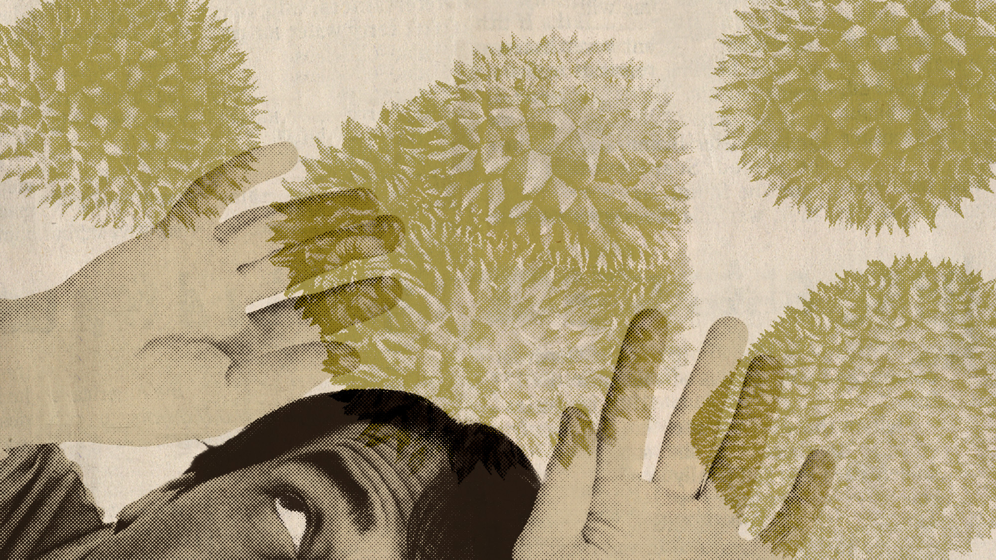 Photo collage of a man shielding his head from falling durians