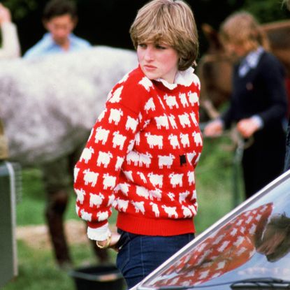 Princess Diana wearing the iconic black sheep sweater