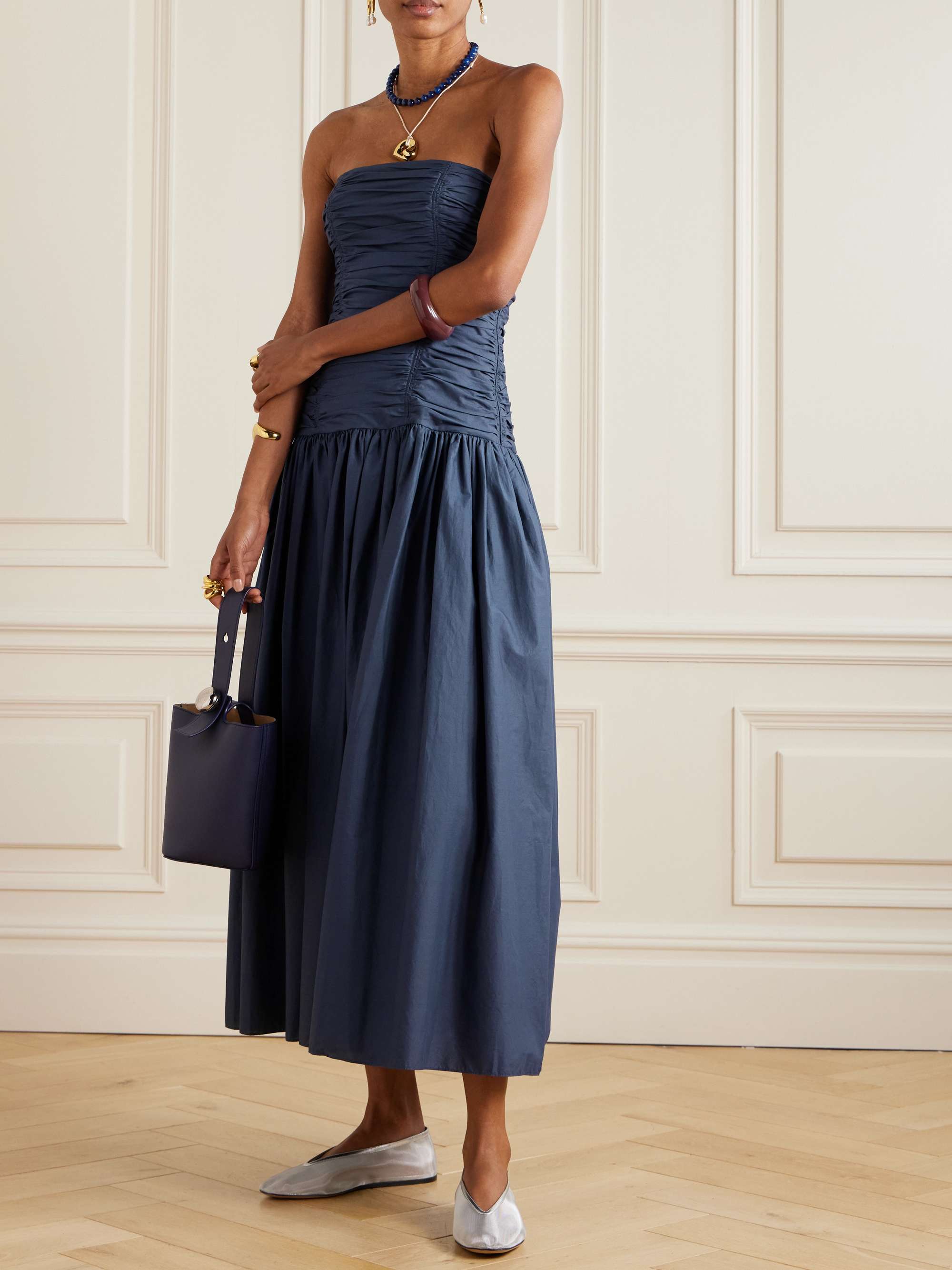 Strapless Ruched Organic Cotton-Poplin Midi Dress