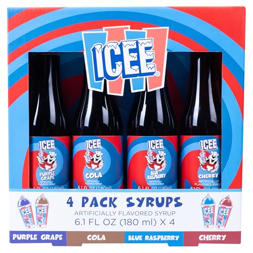 Icee 4 Pack Slushie Syrups. Genuine Icee Shaved Ice Snow Cone Syrups Including Purple Grape, Cola, Blue Raspberry and Cherry Flavors. 4 X 6.1floz. Perfect for Snow Cones, Slushies, Sodas &amp;amp; Ice Pops.