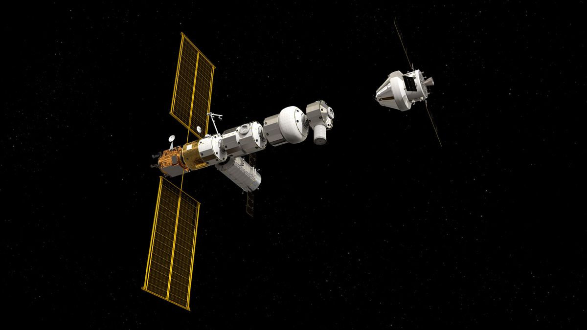 An illustration of the Gateway moon-orbiting space station planned by NASA, with major contributions from the European Space Agency and other international partners.