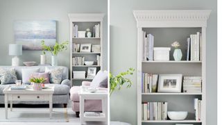 grey living room with painted grey bookcase to show how to blend storage in by painting it the same color to make a room look bigger with paint