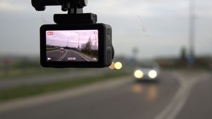 A dash cam displays incoming traffic 