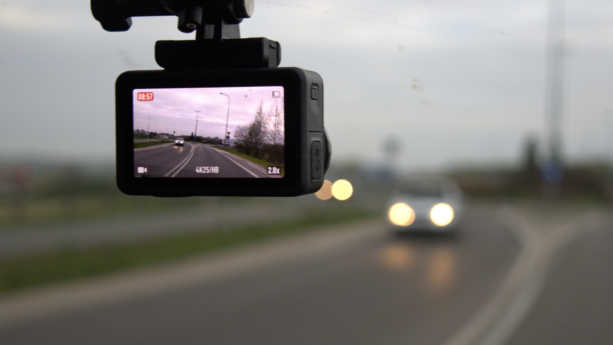 A dash cam displays incoming traffic 
