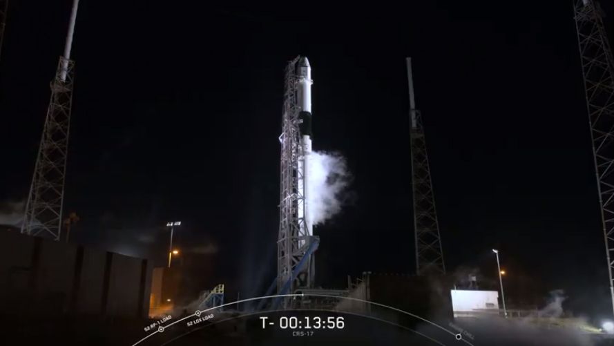 The SpaceX Falcon 9 rocket and Dragon cargo ship for NASA&#039;s CRS-17 cargo mission stand atop the launchpad at Cape Canaveral Air Force Station, Florida during a May 3, 2019 launch attempt. SpaceX postponed the launch by 24 hours due to a drone ship landing pad issue.