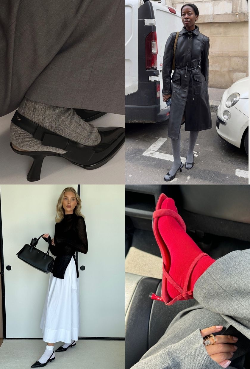 close-up shots of grey socks and black slingback heels, grey knee-high tights and black strappy mules, white socks and black slingback heels, and red socks and red strappy heels