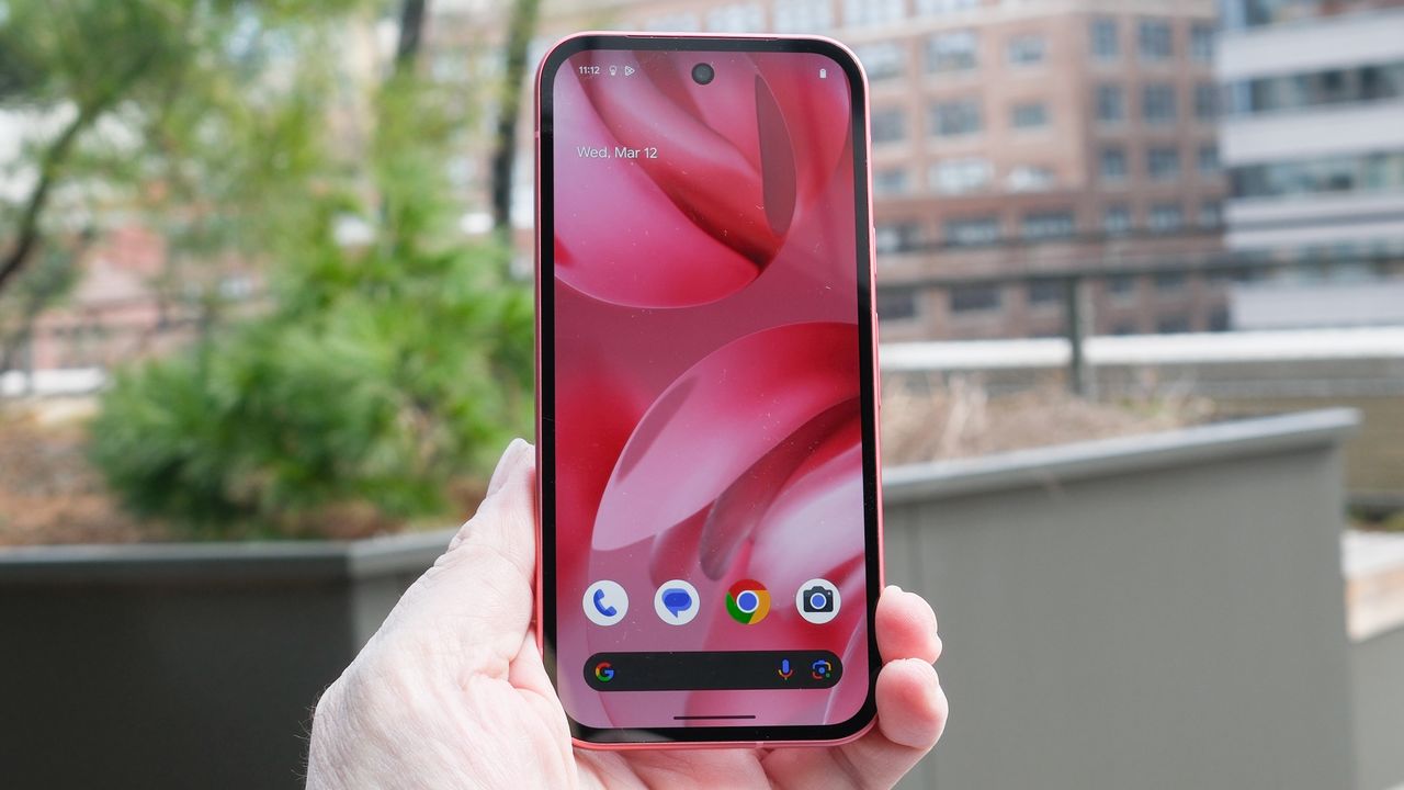 Google Pixel 9a in black, peony pink, iris, and porcelain, showing back cover with camera and home screen