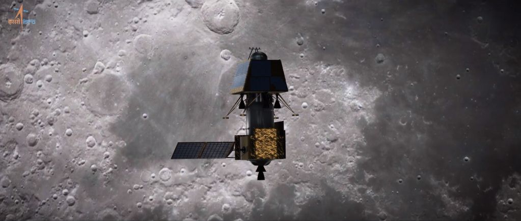 An artist&#039;s illustration of India&#039;s Chandrayaan-2 orbiter (bottom) and the Vikram lander, which carries the Pragyan rover, in orbit around the moon.