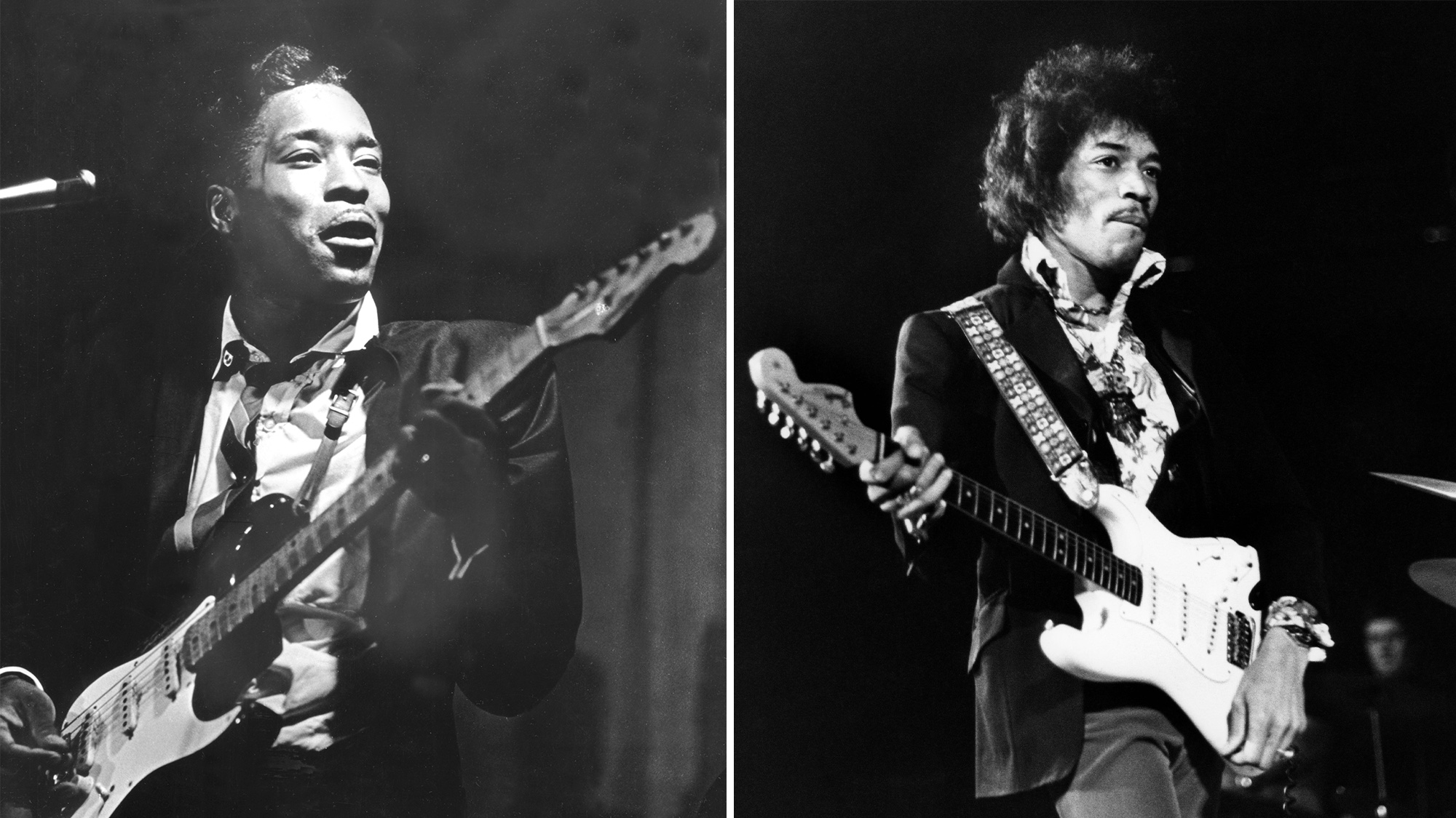 Buddy Guy (left) and Jimi Hendrix, performing onstage in the 1960s