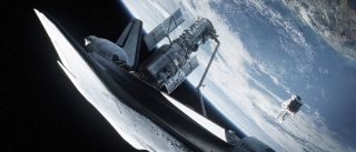 A scene from Warner Bros Pictures' "Gravity" showing the space shuttle Explorer and the Hubble telescope.