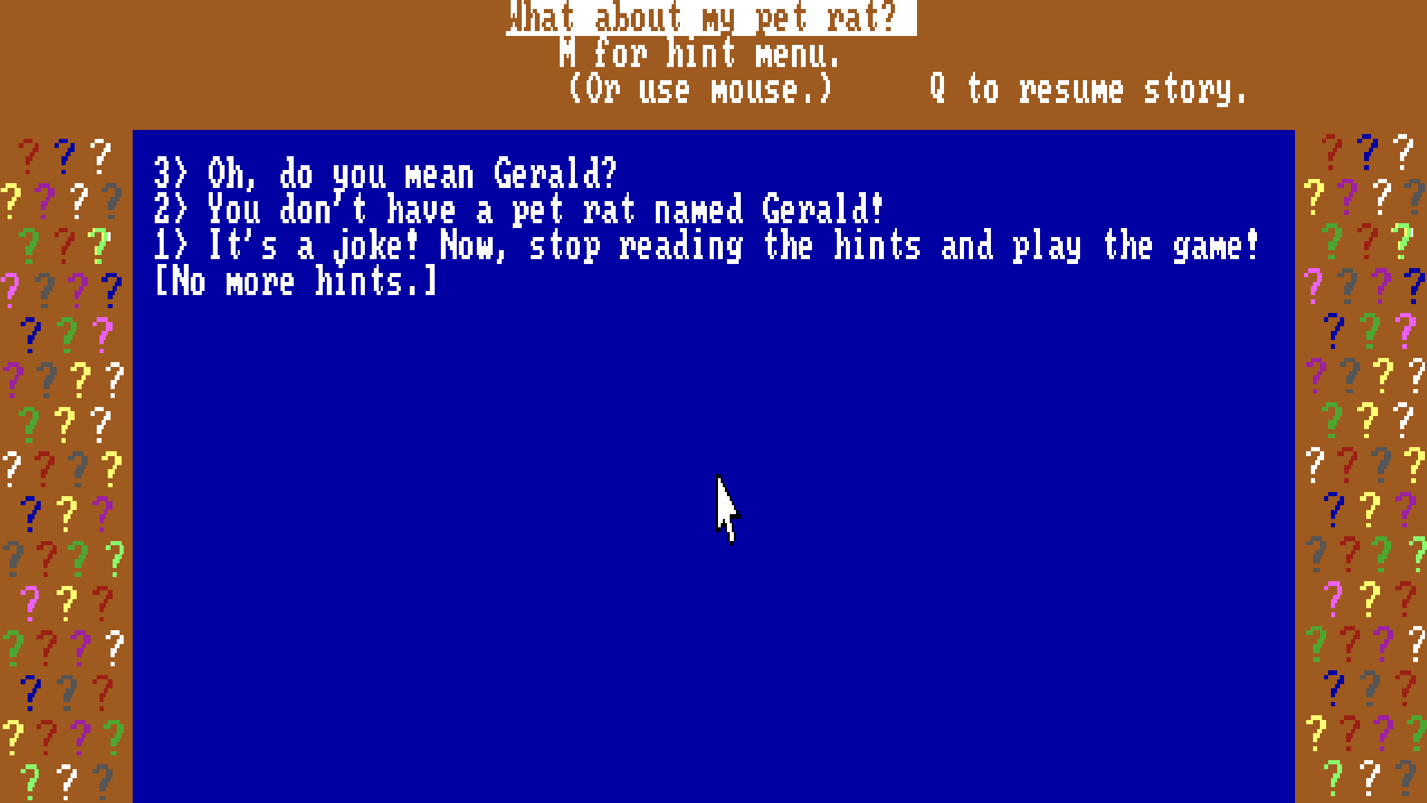 A hint screen in Infocom's Shogun, mocking the player for asking about their pet rat.