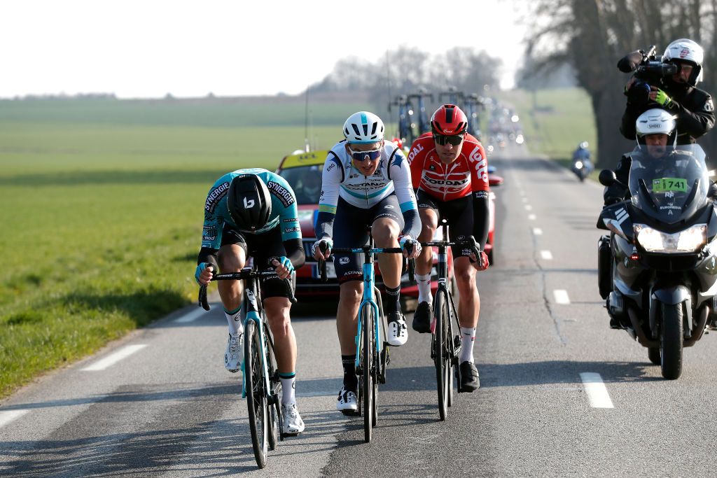 MANTESLAVILLE FRANCE MARCH 06 LR Alexis Gougeard of France and Team BB Hotels PB KTM Yevgeniy Fedorov of Kazahkstan and Team Astana Qazaqstan and Frederik Frison of Belgium and Team Lotto Soudal compete in the breakaway during the 80th Paris Nice 2022 Stage 1 a 160km stage from ManteslaVille to ManteslaVille ParisNice WorldTour on March 06 2022 in ManteslaVille France Photo by Bas CzerwinskiGetty Images