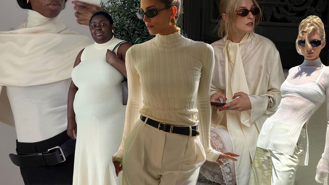 Sylvie wears an ivory cape, white skirt, and black skirt; Abi wears an ivory knit dress; Cass wears an ivory turtleneck, brown belt, and ivory pants; Christie wears an ivory blouse and skirt; Elsa wears a white sheer top and ivory silk pants.