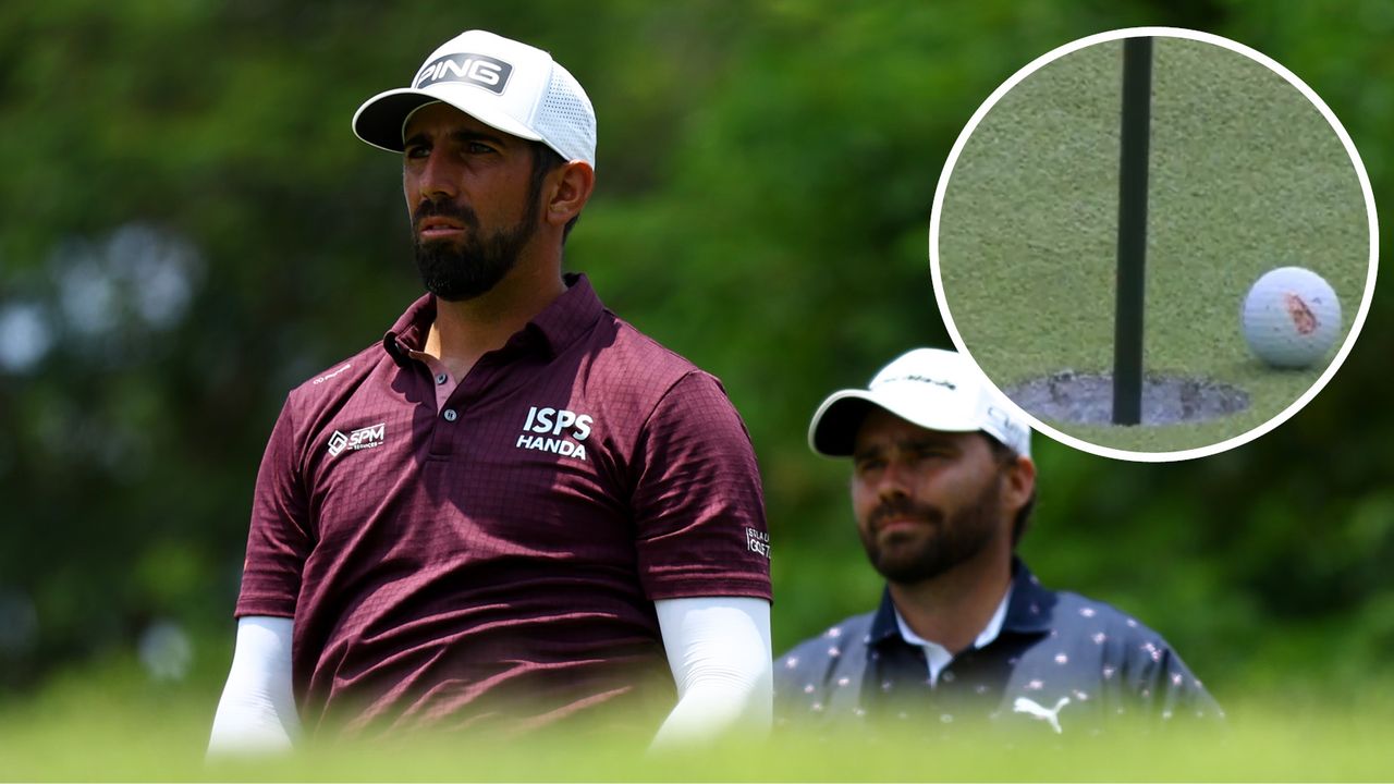 Pavon watches his tee shot next to his playing partner 