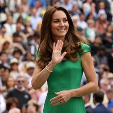 london, england july 10 hrh catherine, the duchess of cambridge waves to the crowd after the ladies singles final match between ashleigh barty of australia and karolina pliskova of the czech republic on day twelve of the championships wimbledon 2021 at all england lawn tennis and croquet club on july 10, 2021 in london, england photo by clive brunskillgetty images