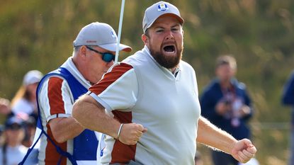 Shane Lowry celebrates after holing his winning putt at the Ryder Cup
