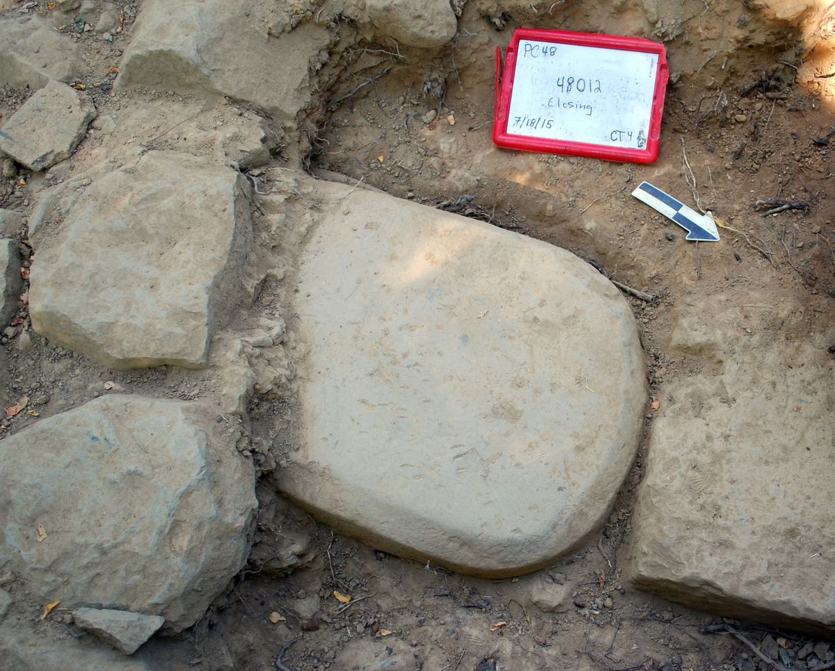 A 500-pound stone tablet found in the foundation of an Etruscan temple at the Poggio Colla site in Tuscany. 