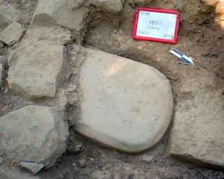 A 500-pound stone tablet found in the foundation of an Etruscan temple at the Poggio Colla site in Tuscany. 