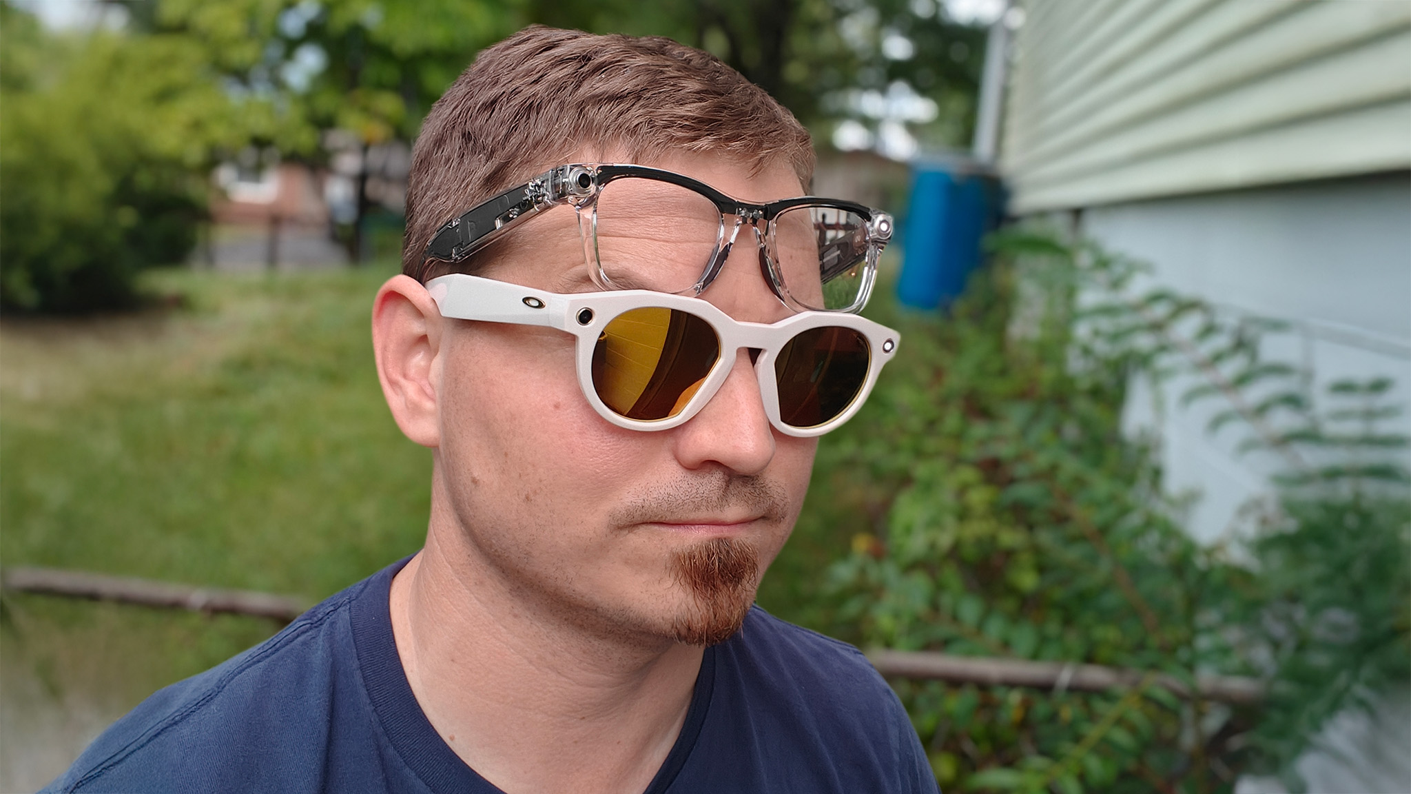 Wearing transparent Ray-Ban Meta Smart Glasses and warm white Oakley Meta HSTN smart glasses on my head at the same time