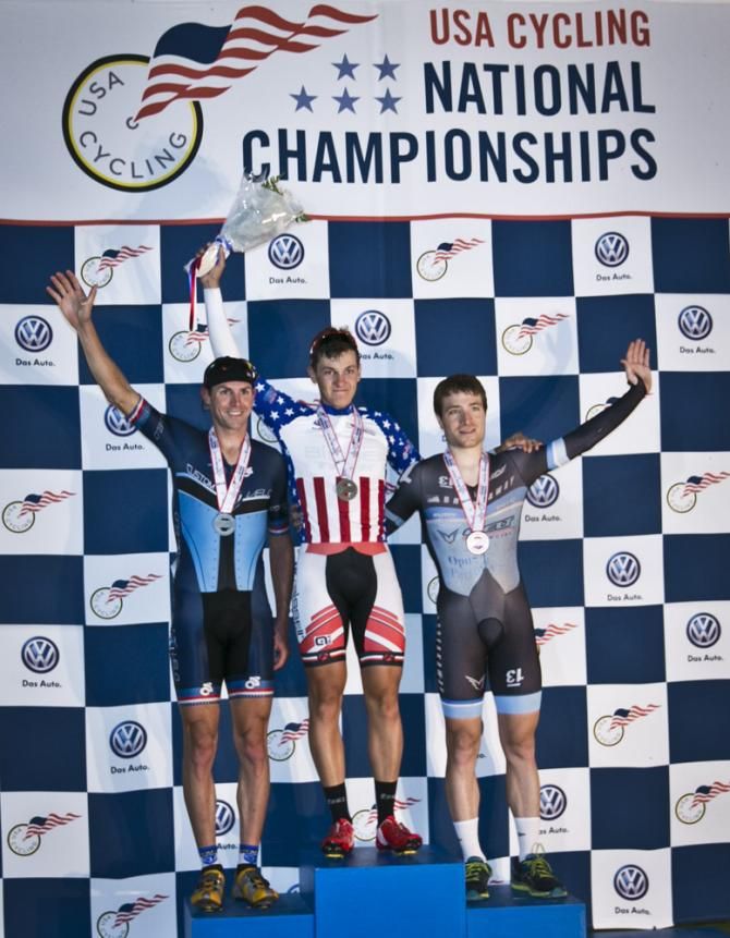Men's Points Race - Alexandre Darville (1st place), Bobby Lea (2nd place) and Nicholas Rogers (3rd place)