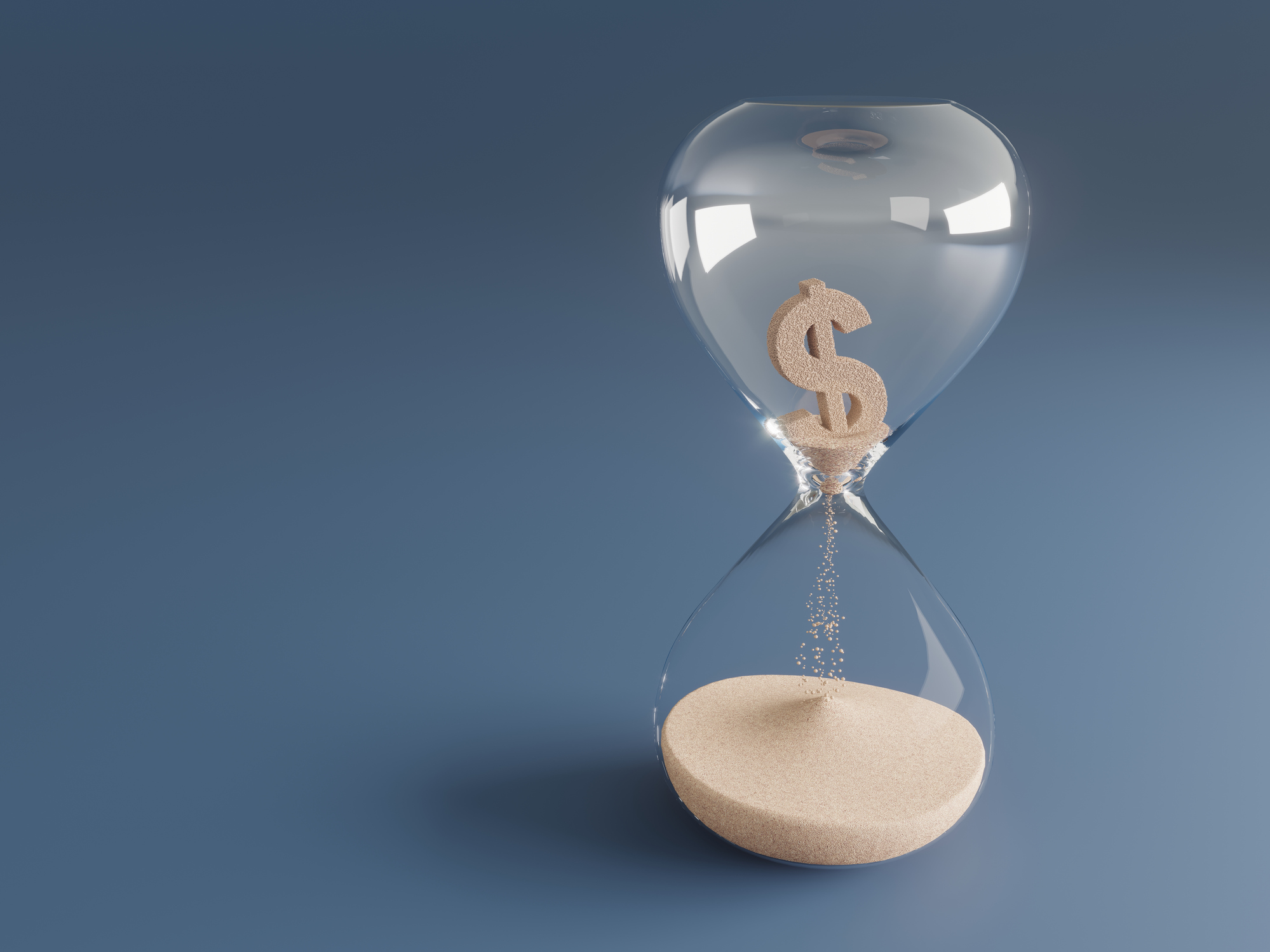 clear hourglass with a dollar sign of sand melting from top to bottom