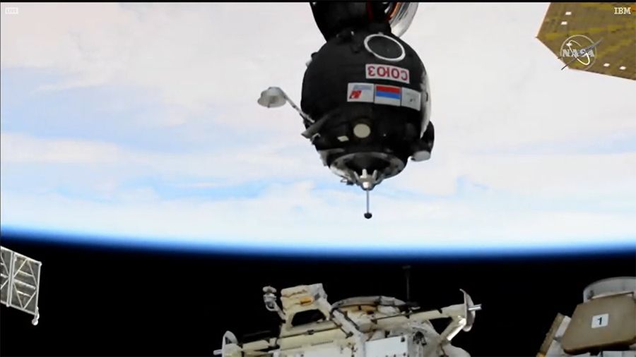 The Soyuz MS-17 crew ship with the Expedition 64 crew inside is pictured just a few meters away from the Rassvet module&rsquo;s docking port ahead of the fasted Soyuz trip to the station in history on Oct. 14, 2020.