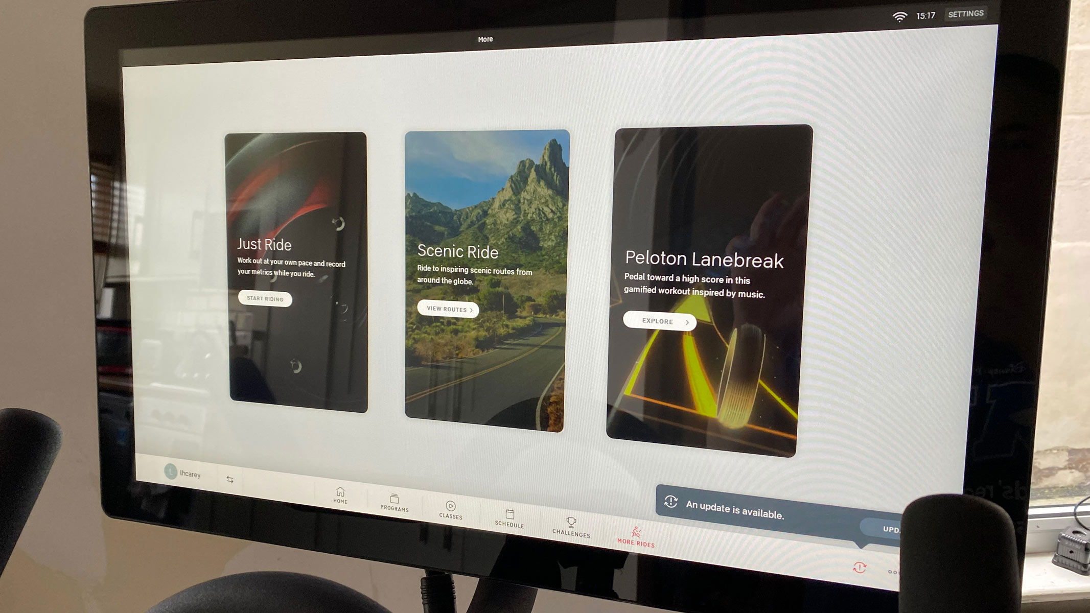 Peloton bike display with a selection of cycling modes