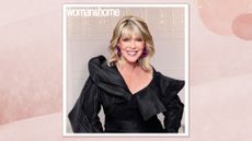 Ruth Langsford smiling with blonde curled bob and wearing a black V-neck dress, on a pink watercolour background