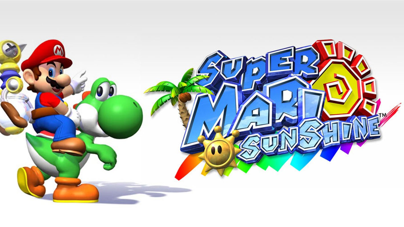 Green Yoshi next to Super Mario Sunshine logo