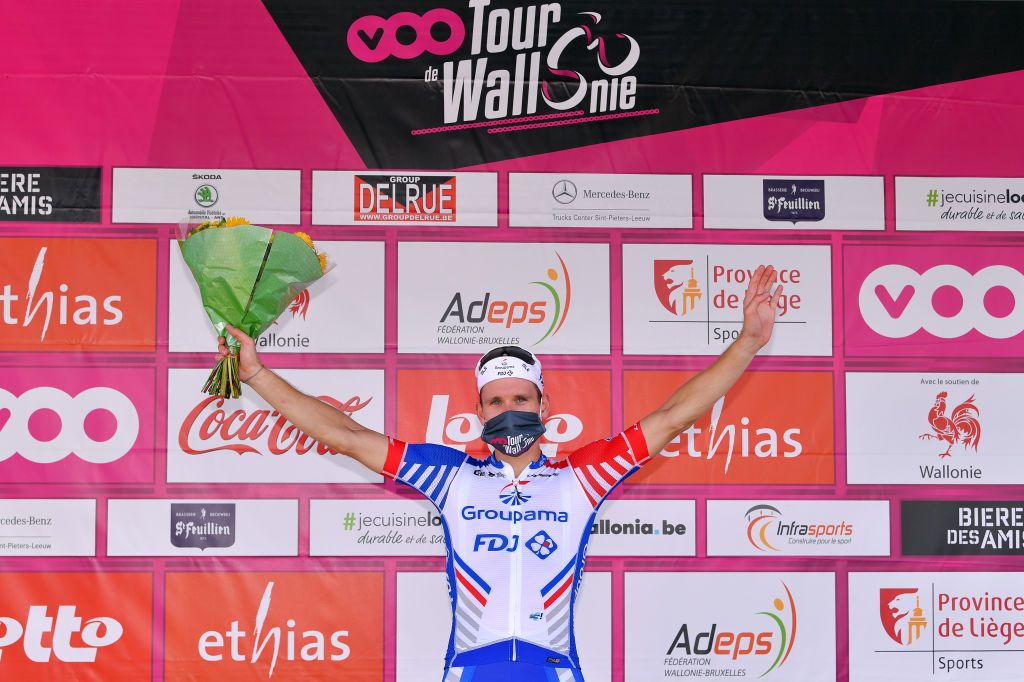 WAVRE BELGIUM AUGUST 17 Podium Arnaud Demare of France and Team Groupama FDJ Celebration Covid safety measures during the 41st Tour de Wallonie 2020 Stage 2 a 1723km stage from Frasnes Lez Anvaing to Wavre TourdeWallonie TRW2020 on August 17 2020 in Wavre Belgium Photo by Luc ClaessenGetty Images