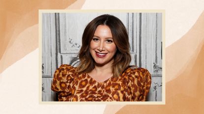A picture of Ashley Tisdale on a brown wavy background
