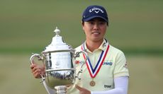 Yuka Saso holds the Women's US Open trophy