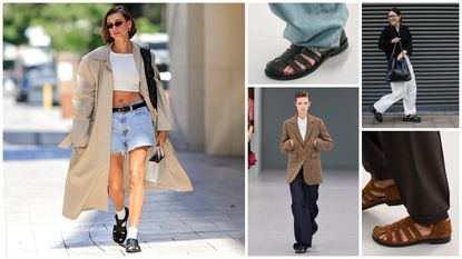 Hailey Bieber wearing black fisherman sandals, jean shorts, white top, trench coat, Loewe Fall 2024 black and brown fisherman sandals, and a fashion influencer wearing black fisherman sandals, white pants, and a black top.