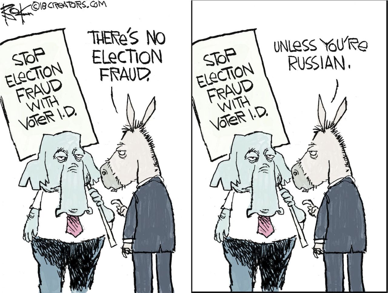 Political cartoon U.S. GOP voter fraud Russia election meddling Democrats hypocrisy