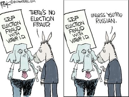 Political cartoon U.S. GOP voter fraud Russia election meddling Democrats hypocrisy