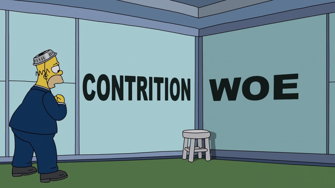 Homer standing at Contrition and Woe corner in The Simpsons "Seperance" Severance spoof