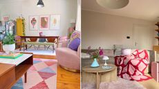 Two pictures of small living rooms: one of a pink one with a rug and chair and one of a gray couch with a wooden coffee table