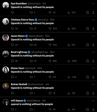 OpenAI staff responding to a Twitter post by Sam Altman in the wake of his sacking
