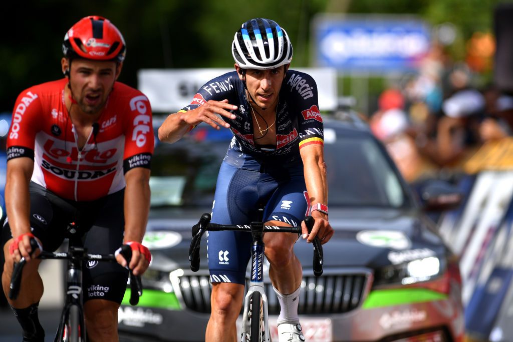 DURBUY BELGIUM JUNE 18 Dries De Bondt of Belgium and Team AlpecinFenix reacts crossing the finish line during the 91st Baloise Belgium Tour 2022 Stage 4 a 1722km stage from Durbuy to Durbuy BaloiseBelgiumTour on June 18 2022 in Durbuy Belgium Photo by Luc ClaessenGetty Images