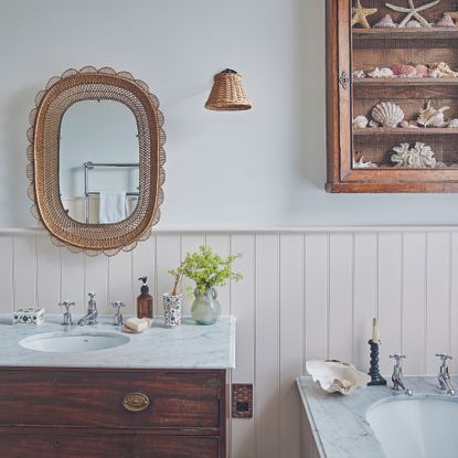 Coastal bathroom with shiplap and wooden units
