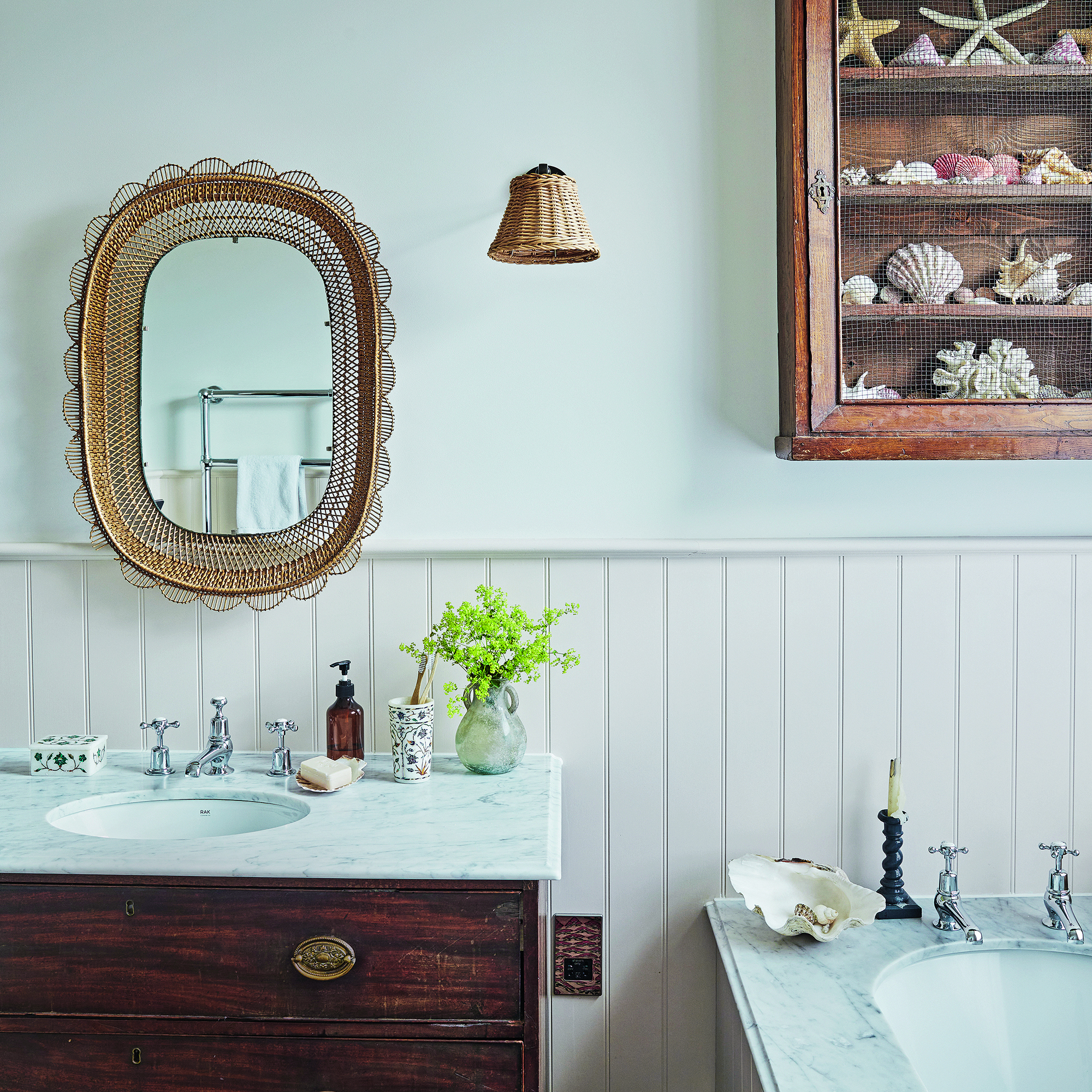 Coastal bathroom with shiplap and wooden units