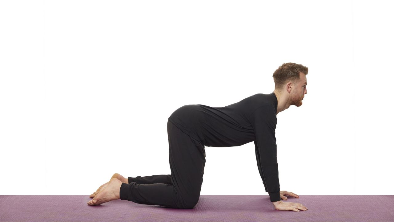 Yoga teacher Nick Higgins performs cow pose