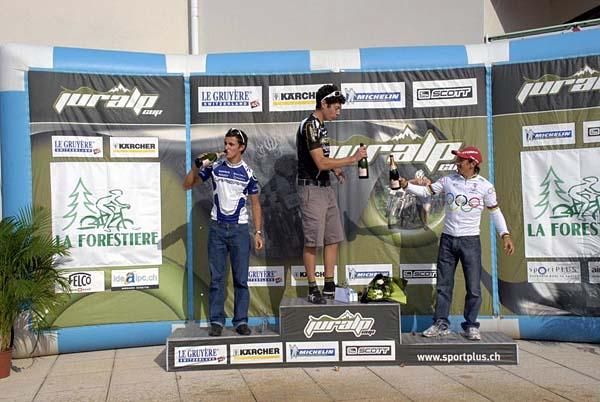 Cheers all around the scratch men's podium