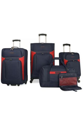 blue luggage set with red accents