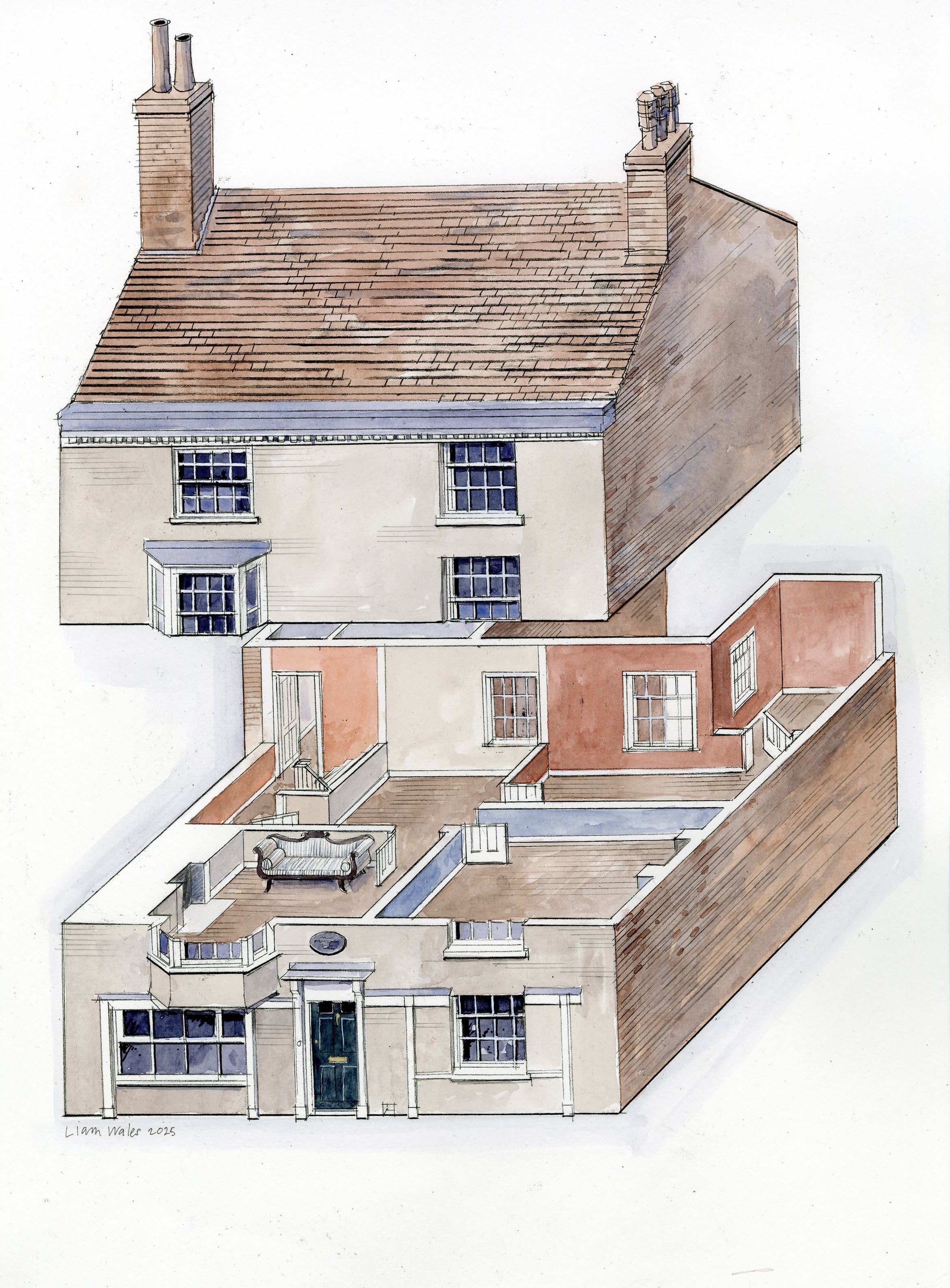 A cutaway of the house showing the internal arrangements and wall colours of the lodging as they were in 1817.