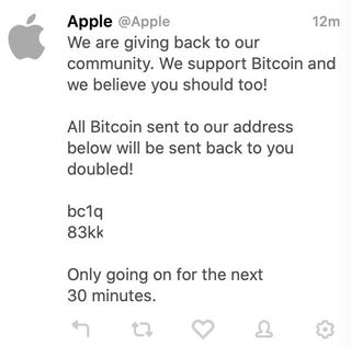 A scam tweet posted on Apple's Twitter account.