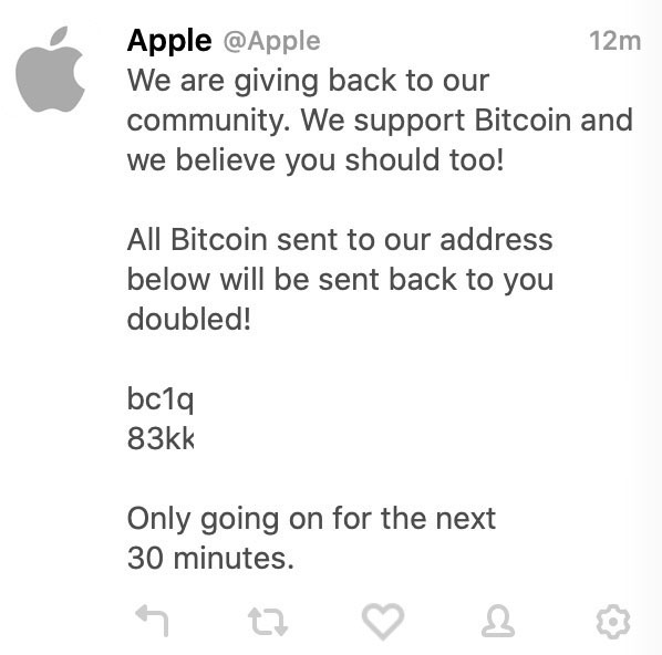 A scam tweet posted on Apple's Twitter account.