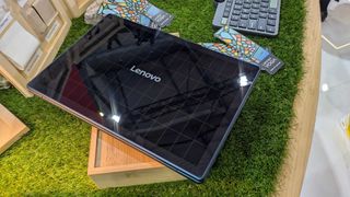 The Lenovo Yoga Solar PC with solar panels fitted on back of device pictured at Mobile World Congress (MWC) 2025 in Barcelona, Spain.