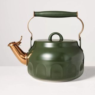 A dark green kettle with a metal spout